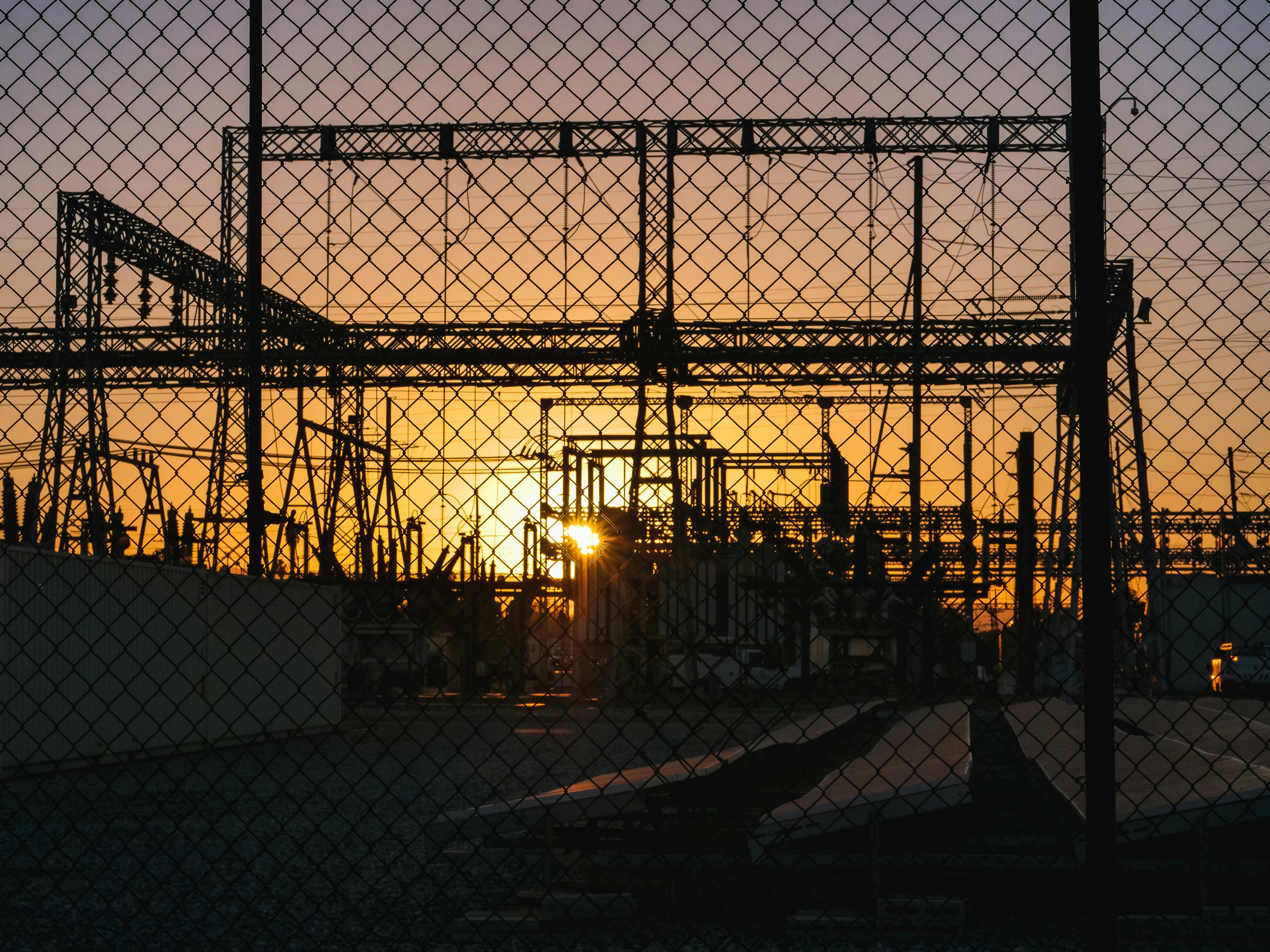 Electrical substation behind a perimeter fence